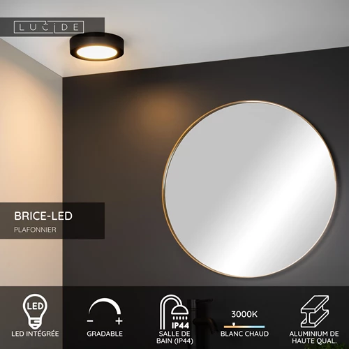 Lucide BRICE-LED - Plafonnier Salle de bains - Ø 18 cm - LED Dim. - 1x12W 3000K - IP44 - Noir - USP